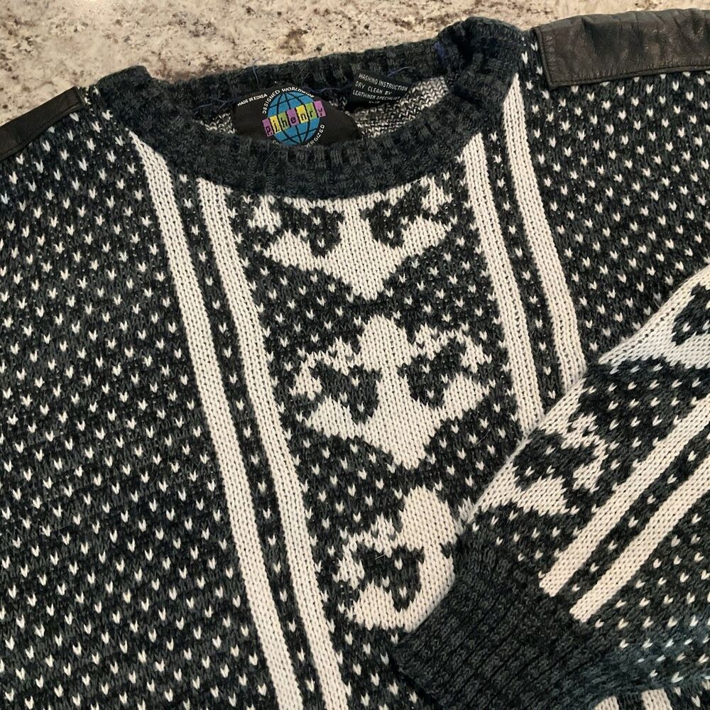 Vintage PJ Henry Sweater Mens Large Black Fair Isle Knit Pullover Retro Korea